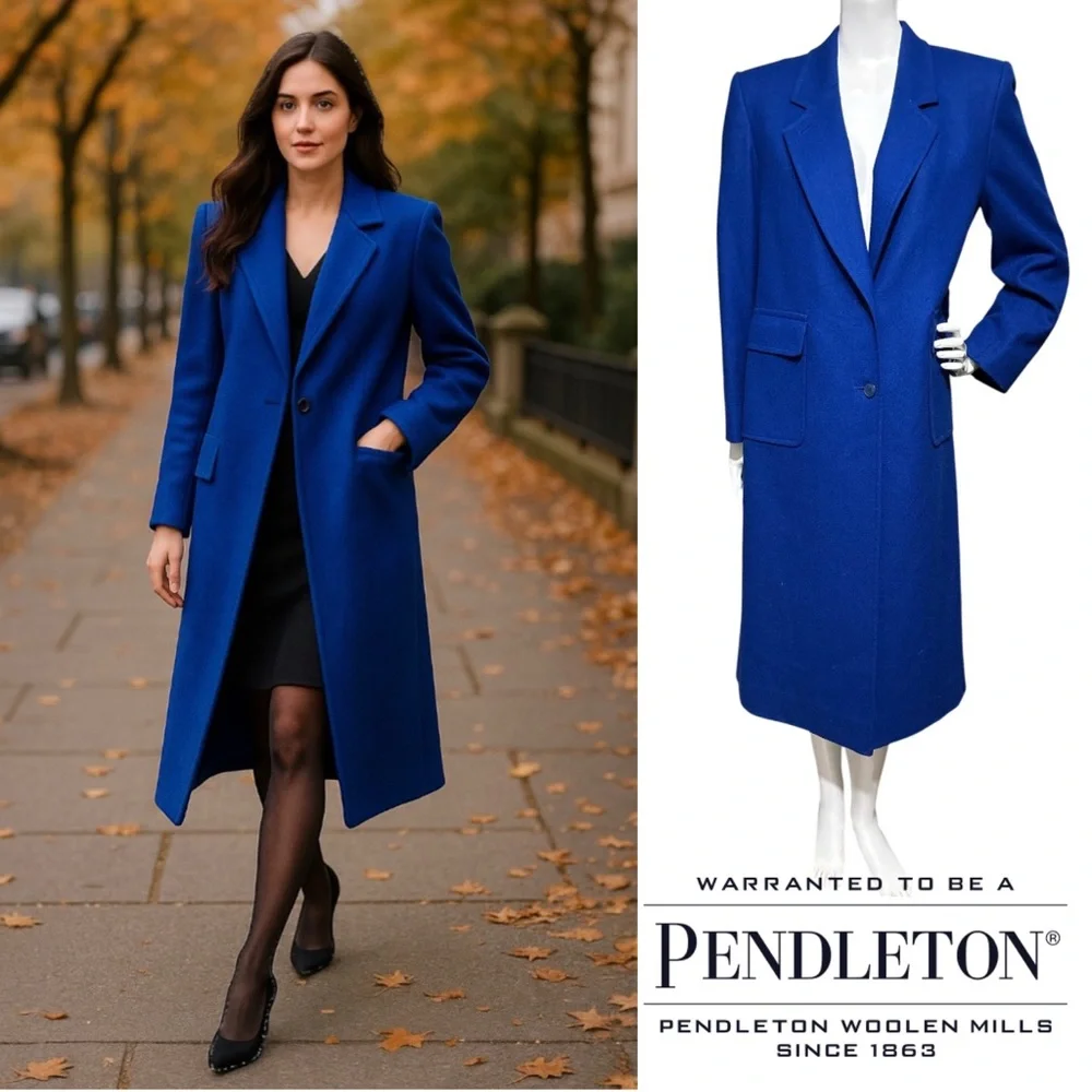 PENDLETON Pure Virgin Wool Single Breast Button Blue Trench Coat Medium Petite